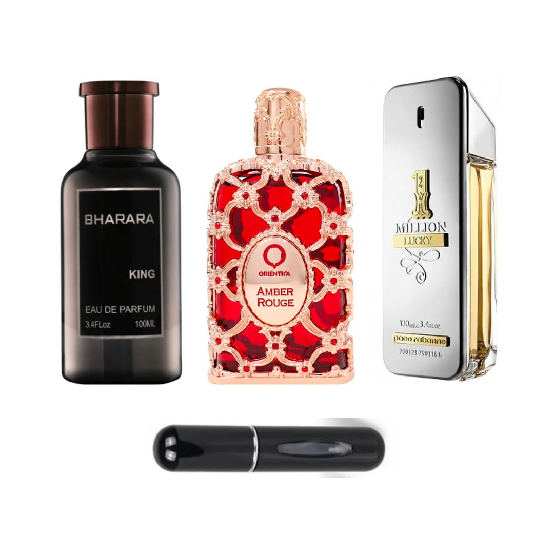 Promo perfumes: Bharara King 100 ML + Orientica Amber Rouge 80 ML + One Million Lucky 100 ML + Obsequio